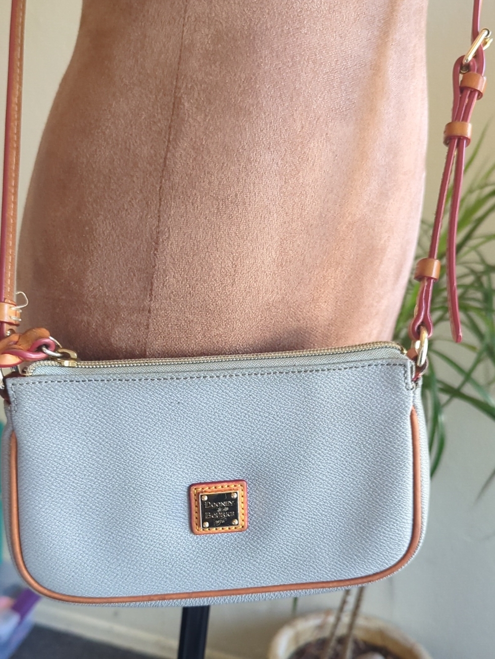 Dooney & Bourke Pebble Leather Crossbody Bag in Light Gray with Tan Trim